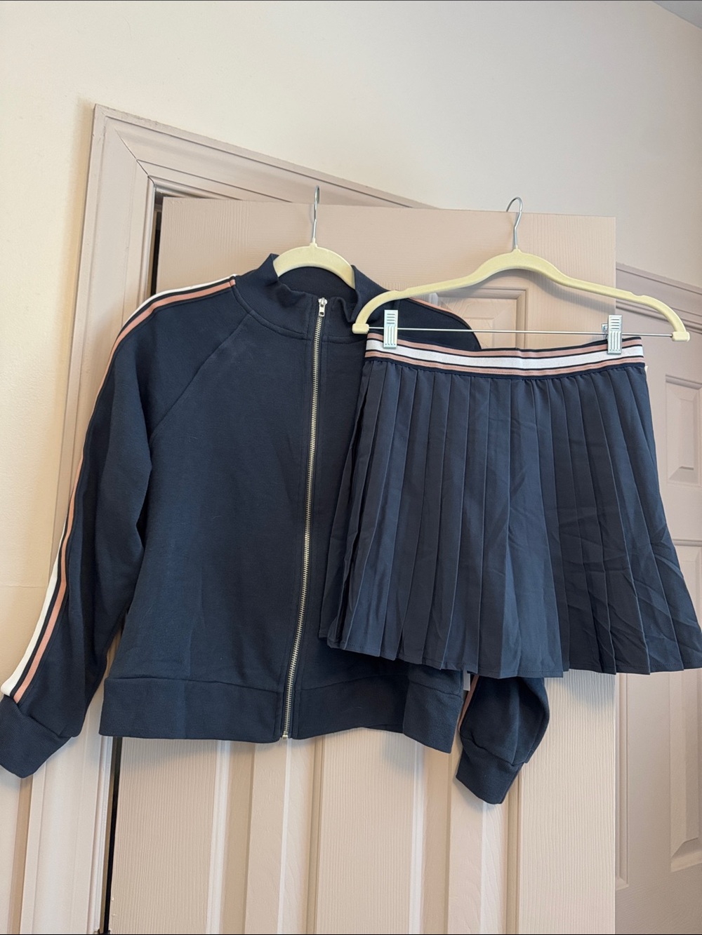 Navy Athletic Zip Jacket & Pleated Skirt Set with Pink Stripe